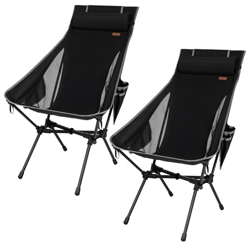 High Back Camping Chair for Adults, Folding Chair Supports 440 lbs, Lightweight Portable Backpacking Chair with Adjustable Pillow for Hiking & Camping - color: Black-2pack