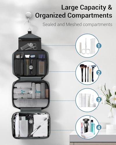 Maliton Toiletry Bag for Men & Women Travel Toiletry Bag Hanging Toiletry Bag Hygiene Organizer with 4 Compartments Waterproof Bathroom Shower Bag Large Toiletries Travel Bag (Gray) - color: Grey