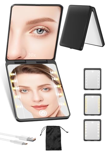 Compact Mirror, Rechargeable 30X Magnifying Mirror with 3 Lighting Modes & Dimmable Brightness, Portable Travel Makeup Mirror with Light, Essentials for Travel, Pocket, Purse, Gifts for Women Black - color: Black