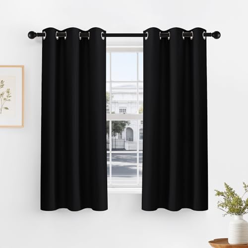 PONY DANCE Black Short Blackout Curtains for Kitchen 45 Inch Length, Thermal Insulated Grommet Curtains for Bedroom, Black Out Drapes for Bathroom Small Window (2 Panels Set, 34 inches Wide) - color: Black, size: 34"W x 45"L (Pack of 2)