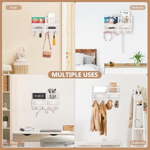 Key Holder Wall Mount, Wooden Mail and Key Organizer with Chalkboard and Mirror, 3 Greeting Cards, 8 Hooks, White - color: White