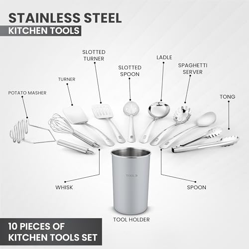 Avador® Premium Set of 10 Stainless Steel (GREY HOLDER) Kitchen Tool Set with Holder Easy To Clean, Space Saving, Great for Cooking, Baking, Prepping (GREY) - color: Gray
