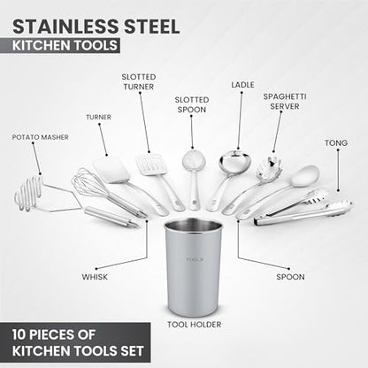 Avador® Premium Set of 10 Stainless Steel (GREY HOLDER) Kitchen Tool Set with Holder Easy To Clean, Space Saving, Great for Cooking, Baking, Prepping (GREY) - color: Gray