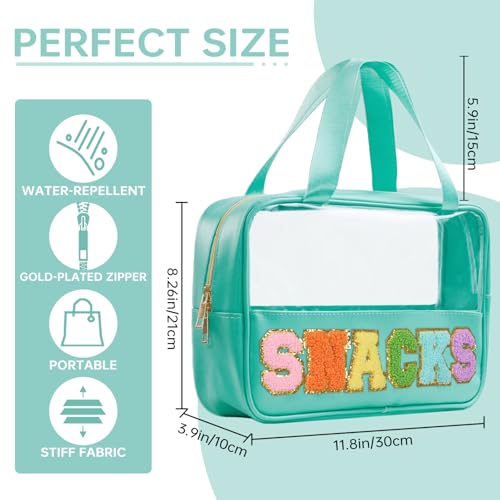Snack Bags Chenille Letter Patch Clear Bag Snacks Bag for Travel, Preppy Cosmetic Bag Snacks Pouch with Zipper, Toiletry Bag for Traveling women, Clear Travel Bags for Toiletries (Green) - color: Green
