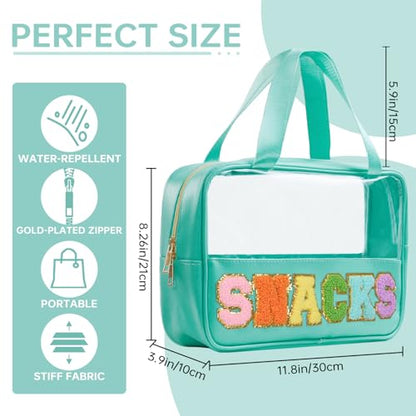Snack Bags Chenille Letter Patch Clear Bag Snacks Bag for Travel, Preppy Cosmetic Bag Snacks Pouch with Zipper, Toiletry Bag for Traveling women, Clear Travel Bags for Toiletries (Green) - color: Green