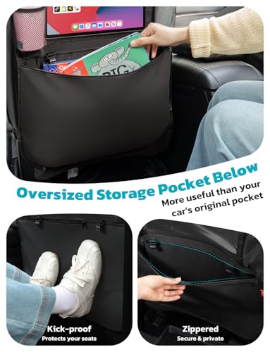 Oasser Seat Back Protector Kick Mats Backseat Car Organizers | 2 Pack, 1 Tissue Box, 12.9" Touch Screen Tablet Holder, Large Back of Seat Protector and Storage for Kids, 8 Pockets, Black