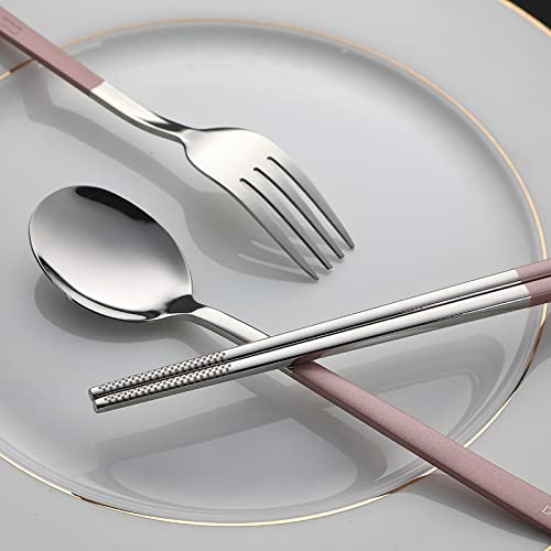 DEVICO Travel Utensils, 18/8 Stainless Steel 4pcs Cutlery Set Portable Camp Reusable Flatware Silverware, Include Fork Spoon Chopsticks with Case (Pink) - color: Pink