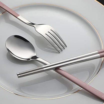 DEVICO Travel Utensils, 18/8 Stainless Steel 4pcs Cutlery Set Portable Camp Reusable Flatware Silverware, Include Fork Spoon Chopsticks with Case (Pink) - color: Pink