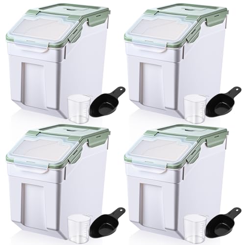 Sunnyray 4 Pcs 55 lbs Grain Rice Storage Container Flour Bin with Wheels Cup Leak Proof Pet Food Storage Boxes Seal Locking Lid Plastic Rice Containers Set for Cereal Flour Cat Dog Food (Green) - color: Green, size: 55 lbs
