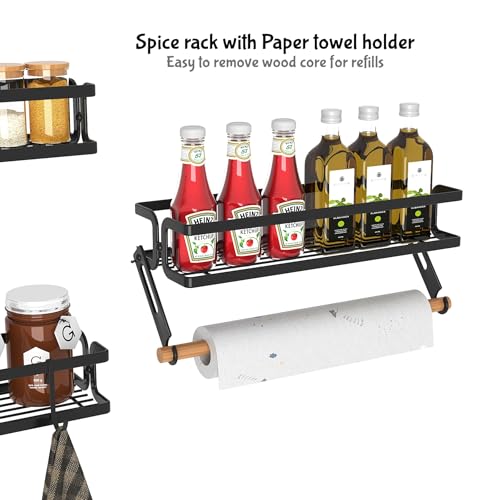 Spice Rack Wall Mount, Black, 3 Pack | Paper Towel Holder and Hooks, Screw or Adhesive Hanging, Space Saving, For Seasonings, Stove, RV, Cabinet - color: Black