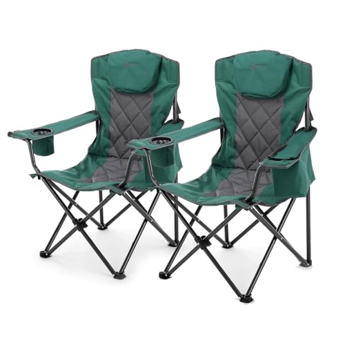 ARROWHEAD OUTDOOR 2-Pack Portable Deluxe Folding Camp Quad Chair w/Headrest, Glass & Cup Holders, Armest 6-can Cooler, Heavy Duty Carry Bag, 550 lbs Weight Capacity - color: Green 2pack