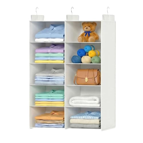ALLTIDYUP White 5-Tier Hanging Closet Storage Organizer - Space-Saving Dual-Row Foldable Shelves with 3 Hooks, Wardrobe Organizer for Dorm, Bedroom, Clothes and Accessories - color: White, size: 5 Tier