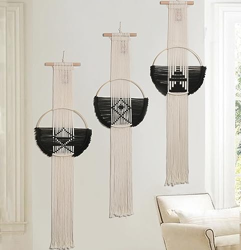 Flber Macrame Wall Hanging 3Pcs Macrame Wall Decor Macrame Wall Art Round Wall Art Handmade Boho Wall - color: Black