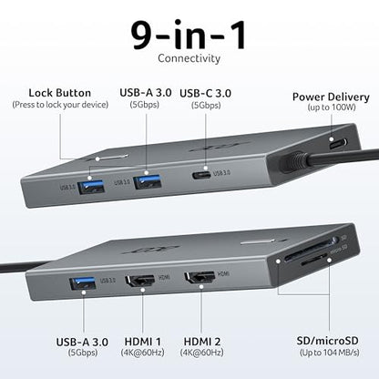 Acer USB C Docking Station Dual Monitor with 2 HDMI, 9-in-1 Laptop Docking Station with 4K@60Hz HDMI, USB A&C 3.0, SD/Micro SD, 100W PD, USB C Dock with Long Cable (2 FT) - size: 2FT