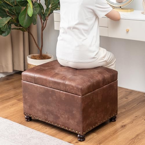 Joveco Leather Storage Ottoman, 24" Rectangle Tufted Square Upholstered Bench, Foot Rest Stool with Wood Legs, Footstool for Living Room Bedroom, Coffee - color: Coffee