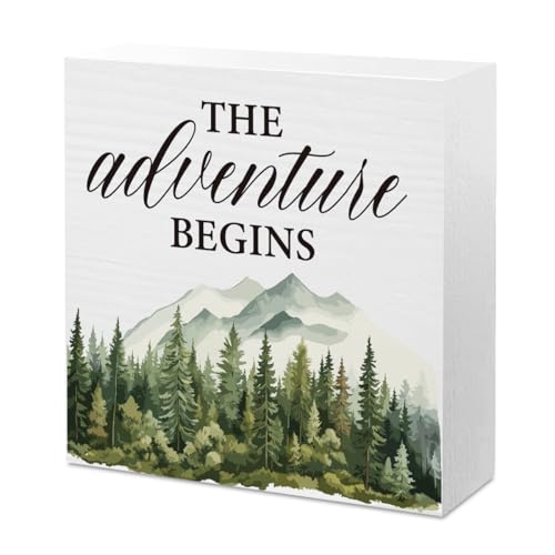 Mountain Nursery Decor Travel Adventure Woodland Forest Awaits Sign Camper Rv Camping Classroom Decor for Home Office Desk Room Table Cubicle Shelf 5 X 5 Inch - color: Adventure 1