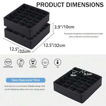 Socks Underwear Storage Box - 24 - Grid Foldable Drawer Organizer for Closet Space Saving, Black