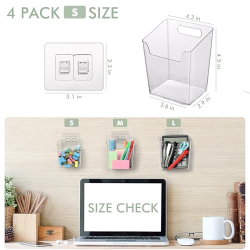 Clear Adhesive Wall Storage Bins, 4 Pack Cabinet Door Organizer Holders, Hanging Wall Mount Pockets, Plastic Cups for Shower Bathroom Makeup Office Craft Remote Kitchen Sink RV Organization (Small) - size: Small