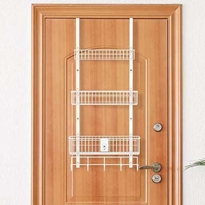 OYEAL Over The Door Organizer White Pantry Door Organizer with Hooks, Heavy Duty 3 Tier Metal Door Back Shelves with 3 Baskets for Kitchen, Bathroom, Office