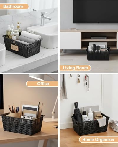 NUMIFUN Storage Bins with Lids, Set of 6, Stackable Woven Design, Black Plastic Containers with Easy Pull Handles, Interlocking Rim, Stackable Storage Boxes with Lids for Pantry, Closet - color: Black