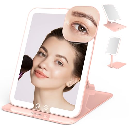 Mocado Travel Makeup Mirror with Light, Tripple Folding Vanity Mirror with Lights, 3 Colors Lighted Makeup Mirror, 1500mAh Rechargeable, Memory Function, Freely Adjust Height and Angle(Pink) - color: Pink, size: 8"L x 6"W