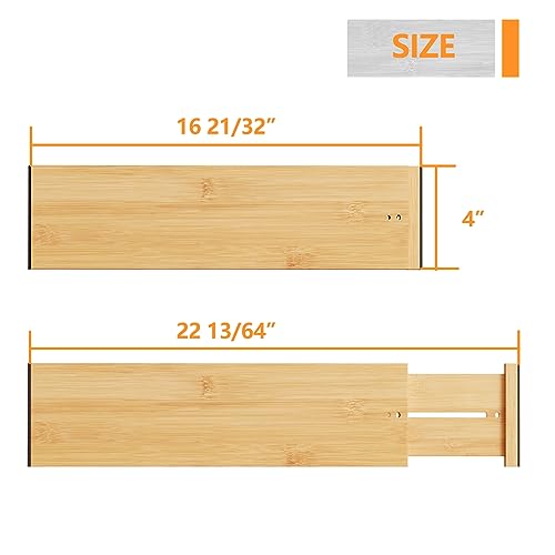 BAMEOS Bamboo Expandable Drawer Dividers – Fits 16.65"–22" Drawers, 4" Extra Deep Walls, Set of 4 | Maximum-Height Spring-Loaded Organizer for Deep Kitchen, Bathroom & Dresser Drawers - size: 4''H, 16.65''-22''L