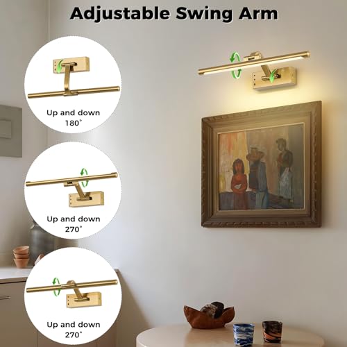 Wireless Picture Lights for Wall Removable Battery Charging, Battery Operated Art Light for Paintings, 3CCT Dimmable with Remote, Rotatable Gallery Light for Pictures Display - color: Gold