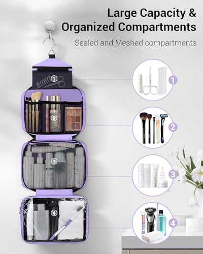 Maliton Toiletry Bag for Men & Women Travel Toiletry Bag Hanging Toiletry Bag Hygiene Organizer with 4 Compartments Waterproof Bathroom Shower Bag Large Toiletries Travel Bag (Purple) - color: Purple