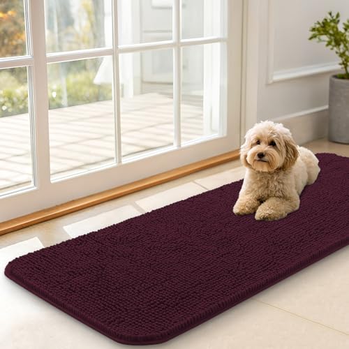OLANLY Dog Door Mat for Muddy Paws 47x17, Absorbs Moisture and Dirt, Absorbent Non-Slip Washable Doormat, Quick Dry Chenille Mud Mat for Dogs, Entry Indoor Entryway Carpet for Inside Floor, Russet - color: Russet, size: 47" X 17"