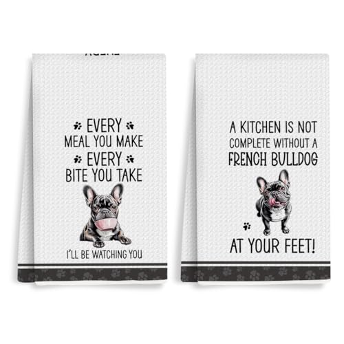 2Pcs Funny French Bulldog Dish Towels, Funny Frenchie Waffle Weave Kitchen Towels, French Bulldog Decorative Hand Tea Towels for Bathroom Kitchen Gifts for Women Dog Lovers - color: Multi 0324
