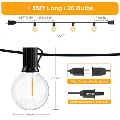 OHLUX Outdoor String Lights, 55FT Shatterproof LED Patio Lights with 26 Dimmable Plastic G40 Bulbs, 2200K Waterproof Connectable Hanging String for Backyard Cafe Porch Deck E12 Base - size: 55FT