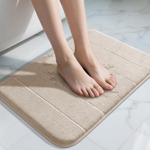 Yimobra Memory Foam Bath Mat, Super Soft Absorbent Bathroom Rug Non Slip, Quick Dry, Machine Washable Floor Carpet for Tub Shower, Home Decor Accessories, 24x17, Beige - color: Beige, size: 24" X 17"