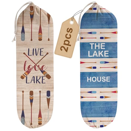2Pcs Lake House Plastic Bag Holder for Kitchen Essentials, Reusable Hanging Grocery Bag Organizer, Washable Large Grocery Trash Bags Storage Dispenser Lake House Decor for the Home - style: Lake House