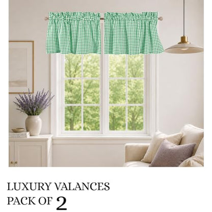 Mini Gingham Check Valance Curtains, 2 Pack, 54x18 Inches, 100% Cotton Rod Pocket Kitchen Window Valances for Farmhouse, Café, Bedroom, Bathroom and Living Room - Lemon Green - color: Lemon Green, Gingham, size: 18"W x 54"L (Pack of 2)