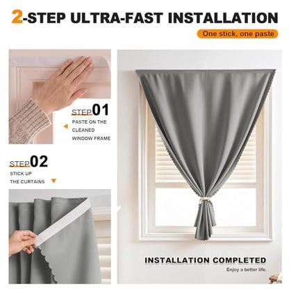 Self Adhesive Curtains - No Drilling, No Rod, Easy to Install Blackout Curtains for Window Blinds,Bedroom(Grey 35 * 59in-1P) - color: Grey, size: 35"W x 59"L (Pack of 1)