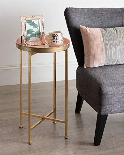 Kate and Laurel Celia Round Metal Foldable Tray Accent Table, Pink with Gold Base - color: Gold/Pink