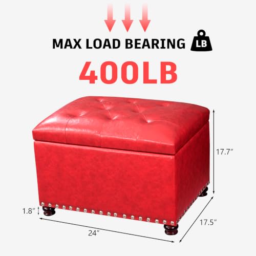 Joveco Leather Storage Ottoman, 24" Rectangle Square Bench Foot Rest Stool for Bedroom Living Room, Red - color: Red