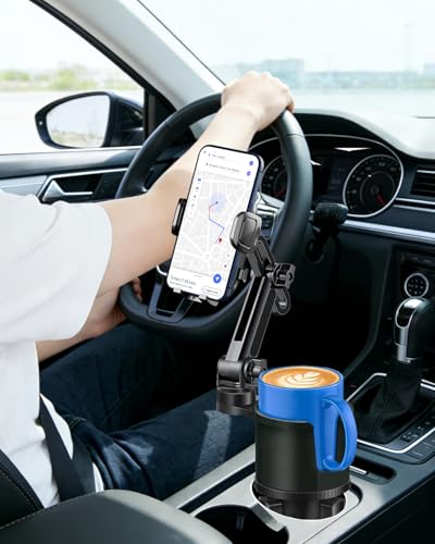 Cup Phone Holder for Car with Expandable Base, 2 in 1 Height-Adjustable Dual Cell Phone Holders Car Cupholder Mount, Friendly Fit Large Bottle & iPhone All Cellphone for Truck SUV | No Shake Design - color: Gray