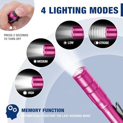 WORKPRO Rechargeable Pen Light, Mini Flashlight, 2 Pack Ultra-Compact EDC Flashlight, Pocket Flashlight with Clip, Memory Function and 2 x USB C Cable Included, Pink - color: Pink