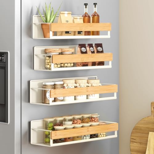 SONGMICS Strong Magnetic 4 Pack Bamboo Spice Rack for Refrigerator, Kitchen Magnetic Shelves for Washing Machine, Spice Organizers, No Drilling Needed, Cream White UKCS062WD01 - color: Cream White + Light Bamboo