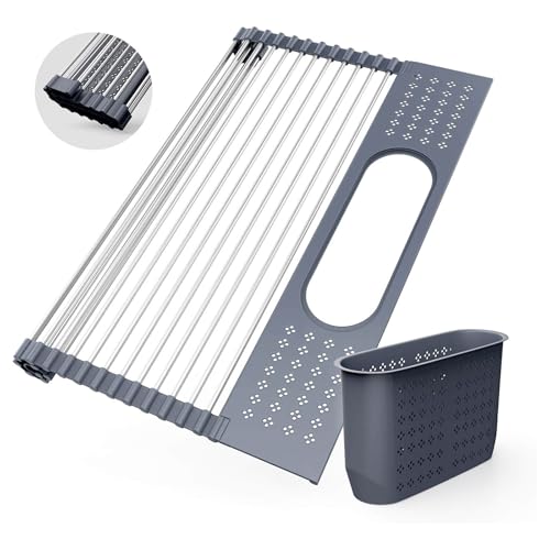 LEMIKKLE 17" x 15" Roll Up Dish Drying Rack Over The Sink Dish Drying Rack,Multi-Purpose Kitchen Rolling Dish Drainer Foldable SUS304 Stainless Steel Dish Drying Rack - color: Grey (for Size 17" X 15")