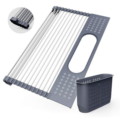 LEMIKKLE 17" x 15" Roll Up Dish Drying Rack Over The Sink Dish Drying Rack,Multi-Purpose Kitchen Rolling Dish Drainer Foldable SUS304 Stainless Steel Dish Drying Rack - color: Grey (for Size 17" X 15")