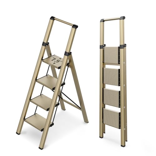 WOA WOA 4 Step Ladder for 10 Feet High Ceiling, Lightweight Foldable Ladder with Non-Slip Wide Pedals, Step Stool with Safe Handrail, Space Saving for Home, Kitchen, Indoor & Outdoor 300lbs - Gold - color: Brown Gold, size: 4 Step