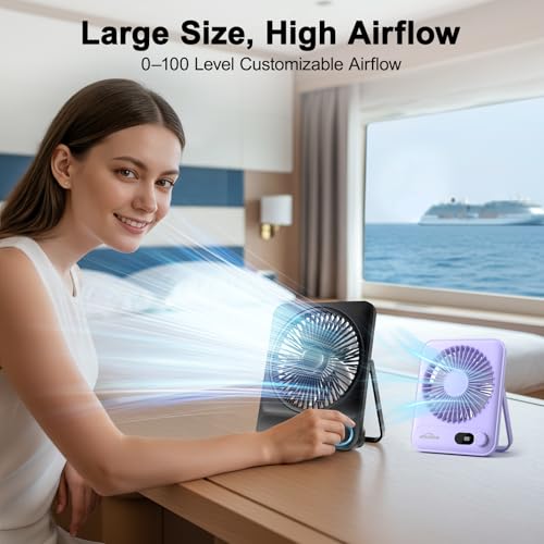 WHATOOK Large Travel Desk Fan: 10000mAh Battery 40 Hours Runtime Silent Rechargeable Fans, Quite Personal Portable Fan for Camping Bedroom Office Small Desktop fan (8.3 * 7.1inch Black) (Black) - color: Black