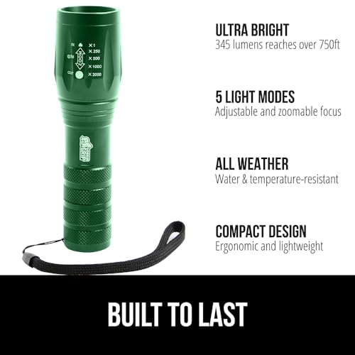 GORILLA GRIP Powerful LED Tactical Flashlight, 750 FT High Lumens 5 Adjustable Modes, Water Resistant, Ultra Bright Zoom Flashlights, Small Mini Flash Light, Camping, Night Dog Walking, Green - color: Hunter Green