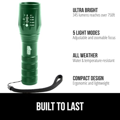 GORILLA GRIP Powerful LED Tactical Flashlight, 750 FT High Lumens 5 Adjustable Modes, Water Resistant, Ultra Bright Zoom Flashlights, Small Mini Flash Light, Camping, Night Dog Walking, Green - color: Hunter Green