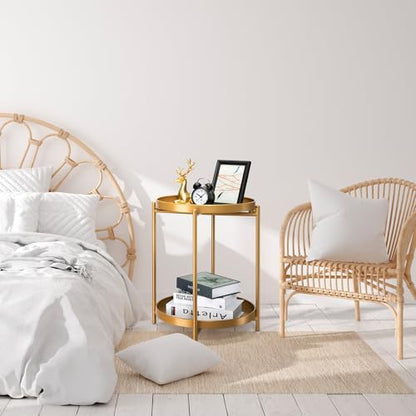danpinera 2-Tier End Table, Outdoor Side Table Metal Round Side Table with Removable Tray, Small Folding Accent Table, Anti-Rust Nightstand for Bedroom Balcony Patio Living Room (Gold) - color: Gold