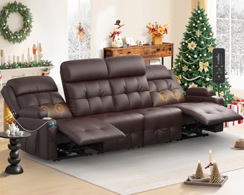 Reclining Couch, 113" PU Leather Sofa Recliner with Massage - 4 Seat Home Theater Seating Comfy Soft, Manual Wall Hugger Reclining with Lumbar Support Sofa Set for Family Living Room, Brown - color: Brown, size: 4 Seats
