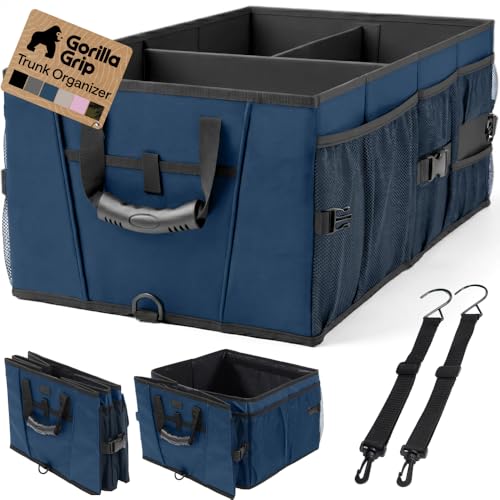GORILLA GRIP Trunk Organizer for SUV and Cars, Large Capacity Collapsible Car Trunk Storage Organizer, Heavy Duty Car Accessories, Gifts for Mom and Dad, Slip & Water Resistant Multi Compartment, Blue - color: Blue