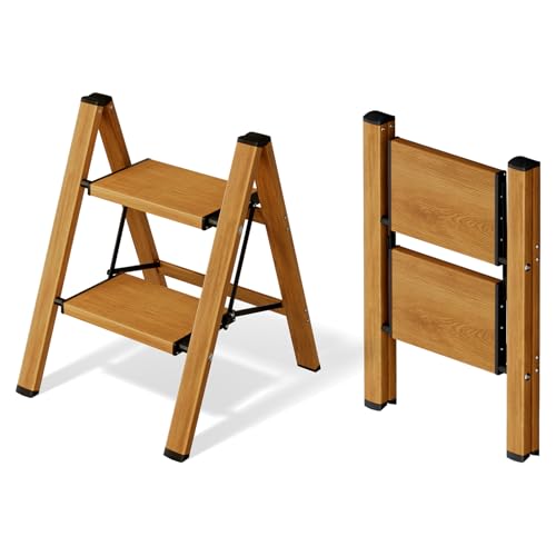 Mayi Plus 2 Step Ladder,Aluminum Folding Step Stool for Adults,Step Ladder with Wide Anti-Slip Pedal,330 lbs Capacity for Home,Office,Kitchen,Library(Woodgrain) - color: Woodgrain, size: 2 Step